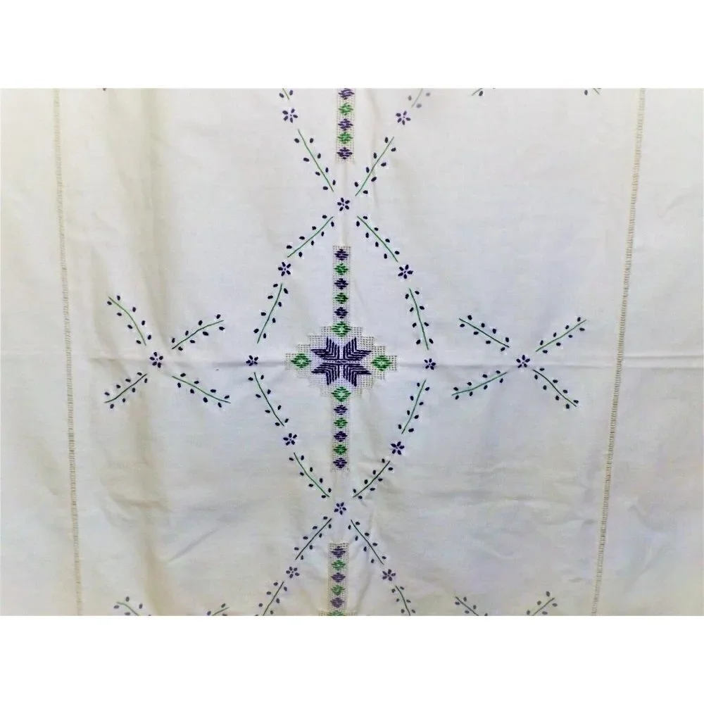 Vintage Embroidered 52 X 68 Beige Linen Tablecloth Purple and Green Design